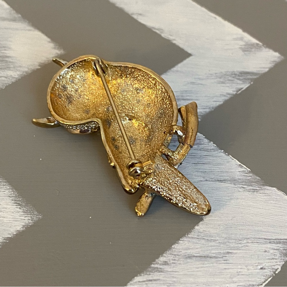 Vintage Gold Tone Owl Brooch | Rhinestone Body & Amber Enamel Wings - Picture 6 of 10